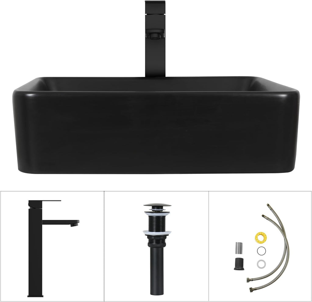 36 Inch Black Floating Bathroom Vanity with 2-Doors and 1-Drawer, Modern Wall Mounted Cabinet with Square Black Ceramic Vessel Sink