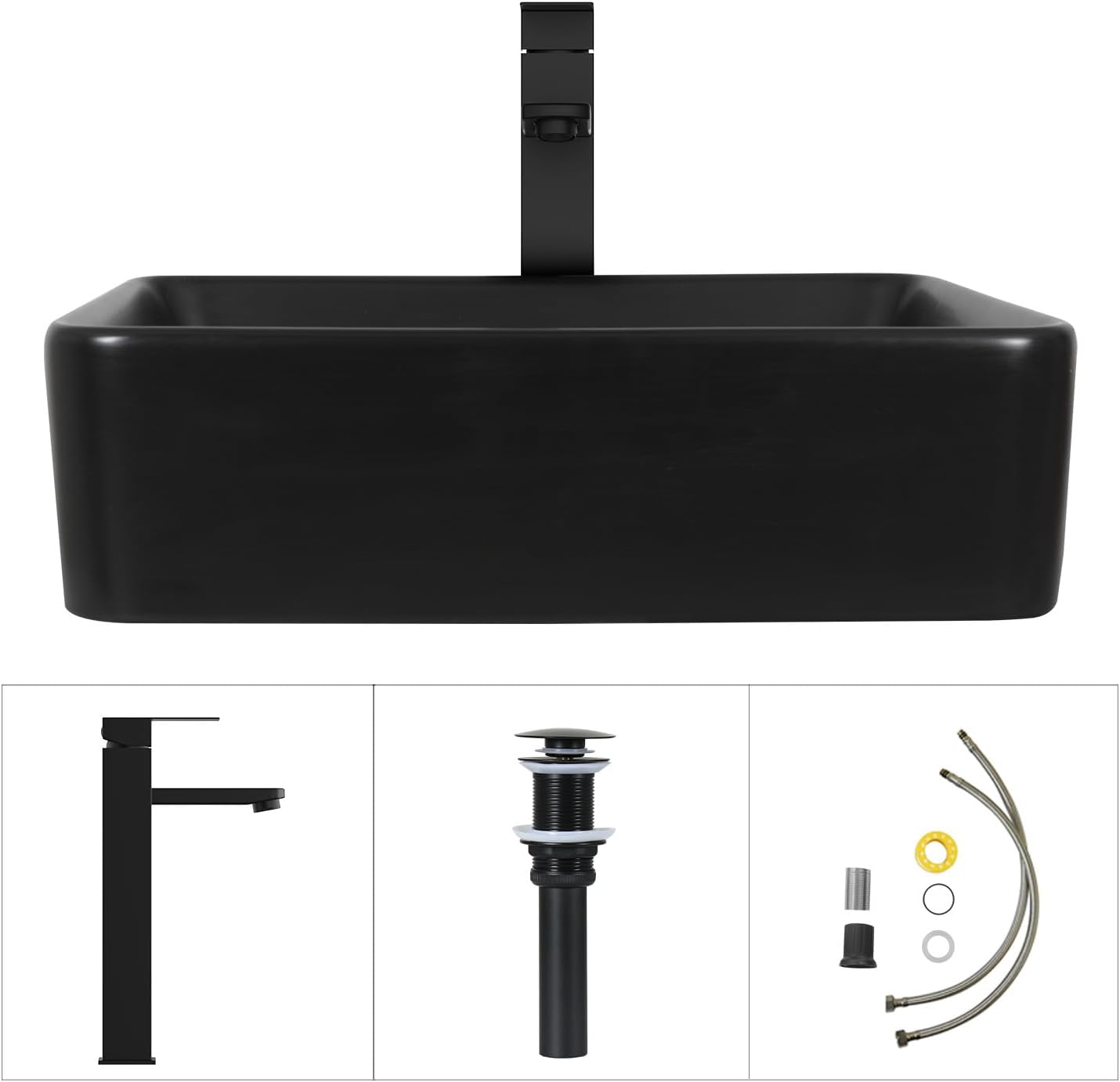 36 Inch Black Floating Bathroom Vanity with 2-Doors and 1-Drawer, Modern Wall Mounted Cabinet with Square Black Ceramic Vessel Sink