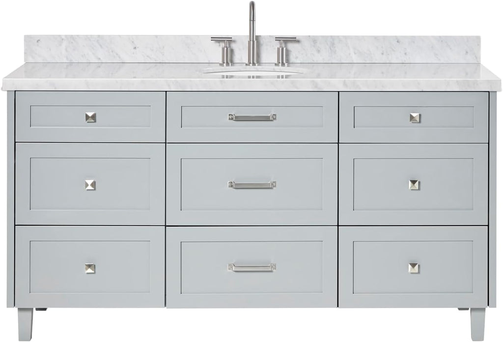 ARIEL Monroe 66-inch Bathroom Vanity with Sink,Solid Wood, 1.5-inch Italian Carrara Marble Countertop, Single Oval Porcelain Sink, Dovetail Drawers, Grey