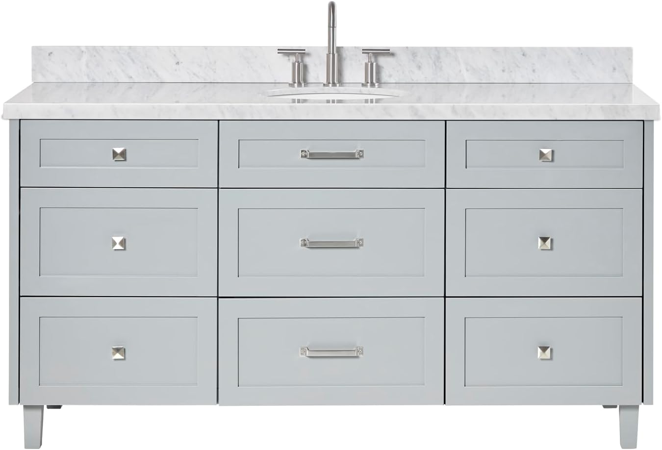 ARIEL Monroe 66-inch Bathroom Vanity with Sink,Solid Wood, 1.5-inch Italian Carrara Marble Countertop, Single Oval Porcelain Sink, Dovetail Drawers, Grey