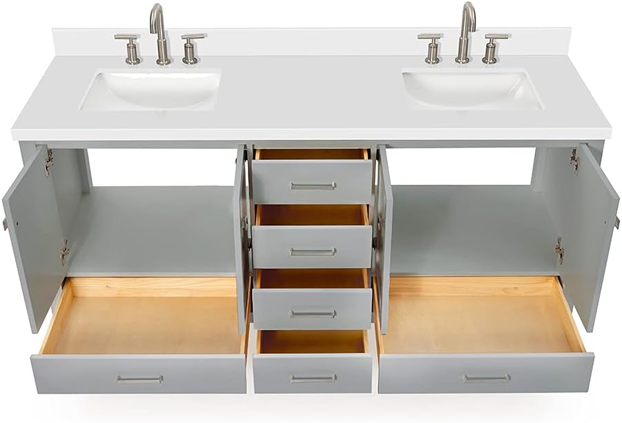 DKB Beckford 72 Inch Bathroom Vanity Double Sink — Grey Bathroom Vanity with Sink, 1.5' Edge Pure White Quartz Countertop & Backsplash, 4 Soft-Close Doors, 6 Dovetail Drawers