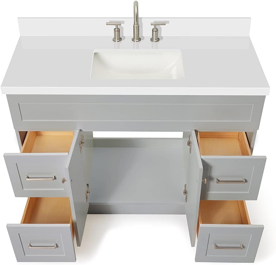 ARIEL Hamlet 48-inch Bathroom Vanity with Sink,Solid Wood, 1.5-inch Pure White Quartz Countertop & Backsplash, Single Rectangular Porcelain Sink, 2 Soft Closing Doors, 4 Dovetail Drawers, Grey