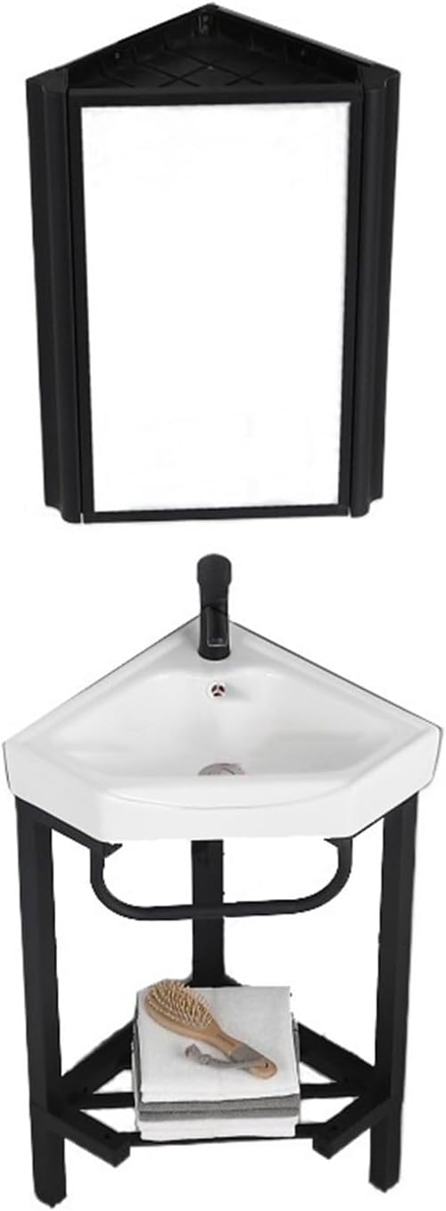 Bathroom Pedestal Sink, Corner Bathroom Vanity Sink with Stainless Steel Storage Stand, Triangular Ceramic Basin Top Console Sink Freestanding Sink with Faucet & Drain an(D 47CM)