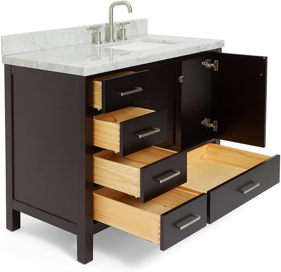DKB Beckford 42-Inch Espresso Single Bathroom Vanity with Sink, Solid Wood, 1.5' Carrara Marble Countertop & Backsplash, Right Rectangular Undermount Sink, 2 Soft Closing Doors, 5 Drawers