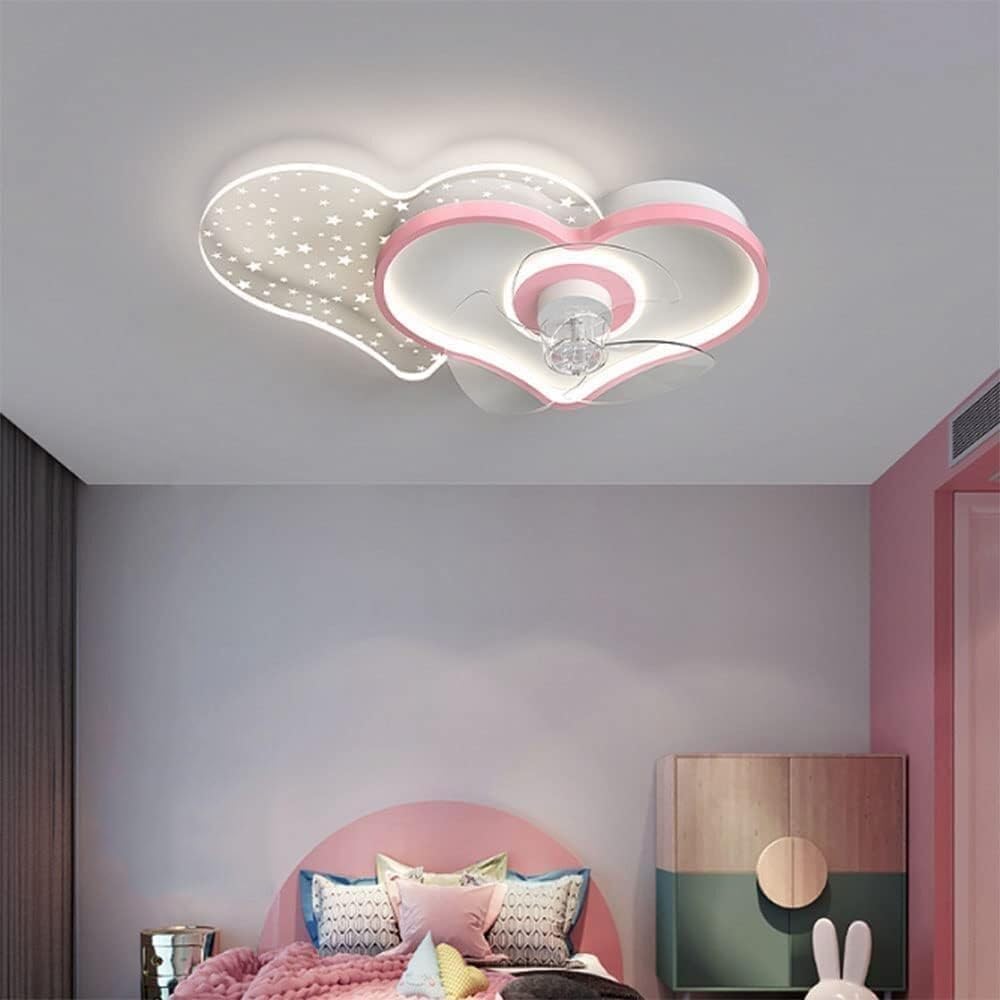 PAYAER Cute Pink Heart Ceiling Fan with Light, Modern LED Dimmable Flush Mount Chandelier for Girl's Bedroom, Kid's Room, Study, Nursery Decor, 59x37cm
