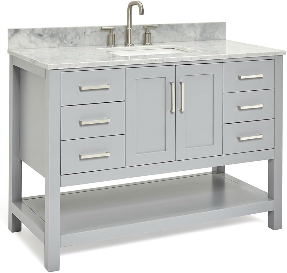 ARIEL Magnolia 48-inch Bathroom Vanity with Sink,Solid Wood, 0.75-inch Italian Carrara Marble Countertop, Single Rectangular Porcelain Sink, 2 Soft Closing Doors, 6 Dovetail Drawers, Grey