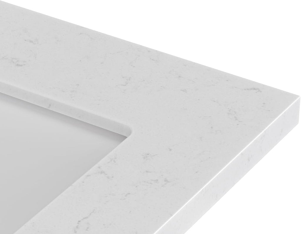 ARIEL Hepburn 30-inch Bathroom Vanity with Sink,Solid Wood, 1.5-inch Carrara White Quartz Countertop, Single Rectangular Porcelain Sink, 2 Soft Closing Doors, 1 Dovetail Drawers, Brown Oak
