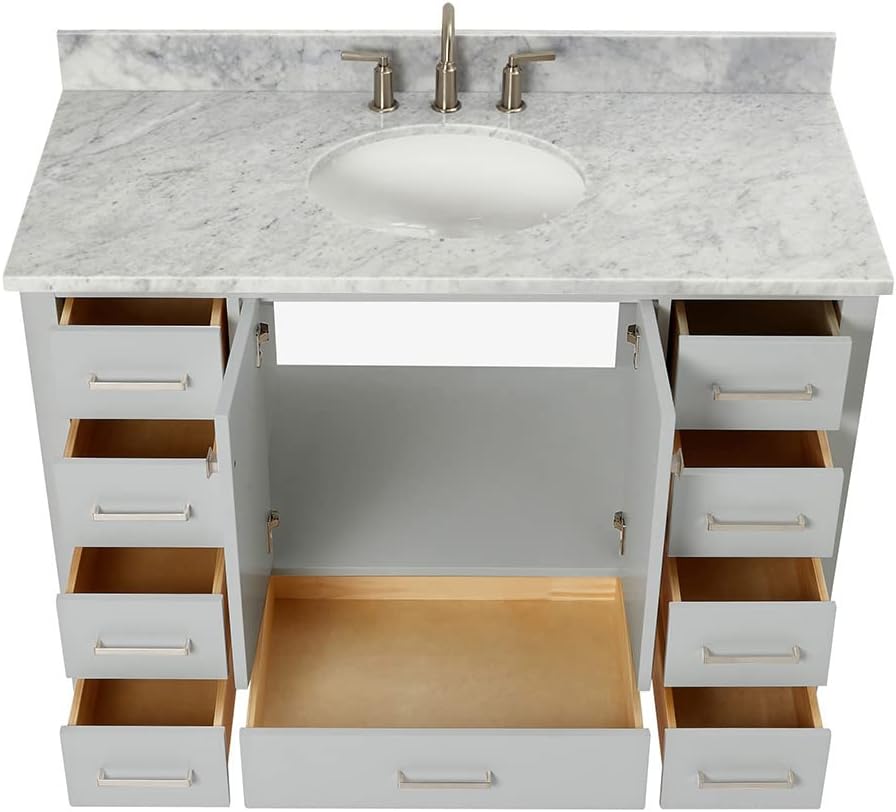ARIEL Cambridge 48-inch Bathroom Vanity with Sink,Solid Wood, 0.75-inch Italian Carrara Marble Countertop & Backsplash, Single Oval Porcelain Sink, 2 Soft Closing Doors, 9 Dovetail Drawers, Grey