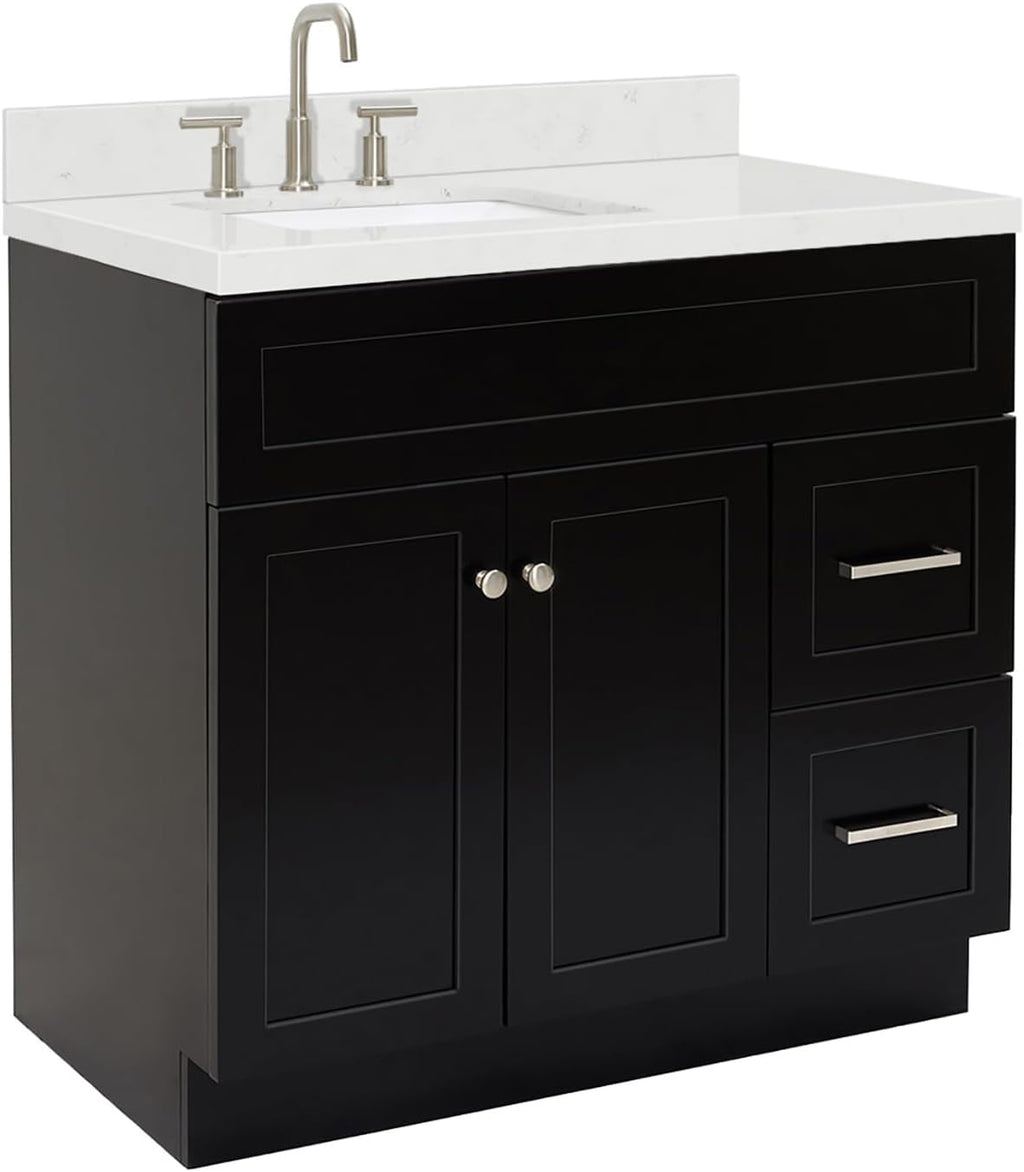 ARIEL Hamlet 36-inch Bathroom Vanity with Sink,Solid Wood, 1.5-inch Carrara White Quartz Countertop & Backsplash, Single Rectangular Porcelain Sink, 2 Soft Closing Doors, 2 Dovetail Drawers, Black