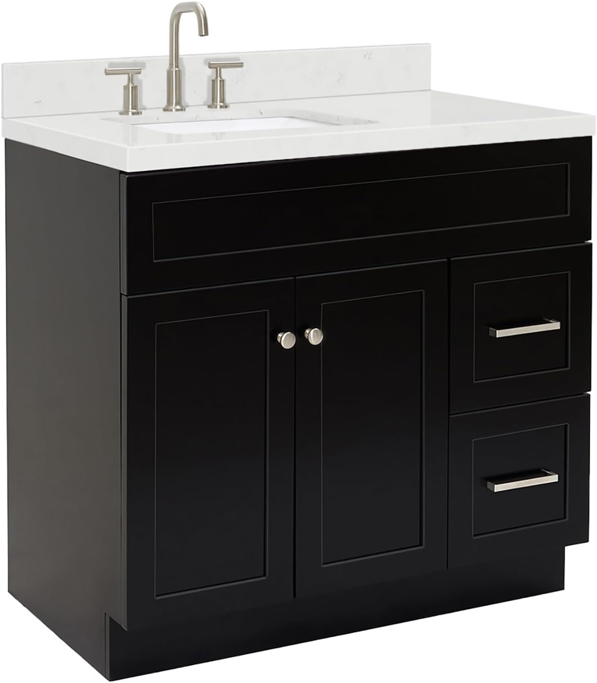 ARIEL Hamlet 36-inch Bathroom Vanity with Sink,Solid Wood, 1.5-inch Carrara White Quartz Countertop & Backsplash, Single Rectangular Porcelain Sink, 2 Soft Closing Doors, 2 Dovetail Drawers, Black
