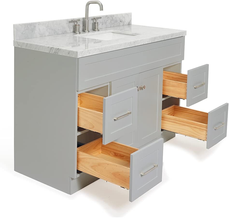 ARIEL Hamlet 48-inch Bathroom Vanity with Sink,Solid Wood, 1.5-inch Italian Carrara Marble Countertop & Backsplash, Single Rectangular Porcelain Sink, 2 Soft Closing Doors, 4 Dovetail Drawers, Grey