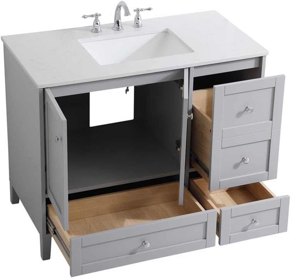 Pemberly Row 42' Traditional Bathroom Vanity, Gray Finish, Quartz Top with Porcelain Undermount Sink, MDF and Rubberwood Construction, Brushed Nickel Hardware, Freestanding Design for Bathroom Use