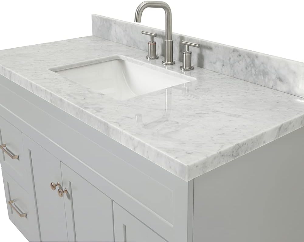 ARIEL Hamlet 48-inch Bathroom Vanity with Sink,Solid Wood, 1.5-inch Italian Carrara Marble Countertop & Backsplash, Single Rectangular Porcelain Sink, 2 Soft Closing Doors, 4 Dovetail Drawers, Grey