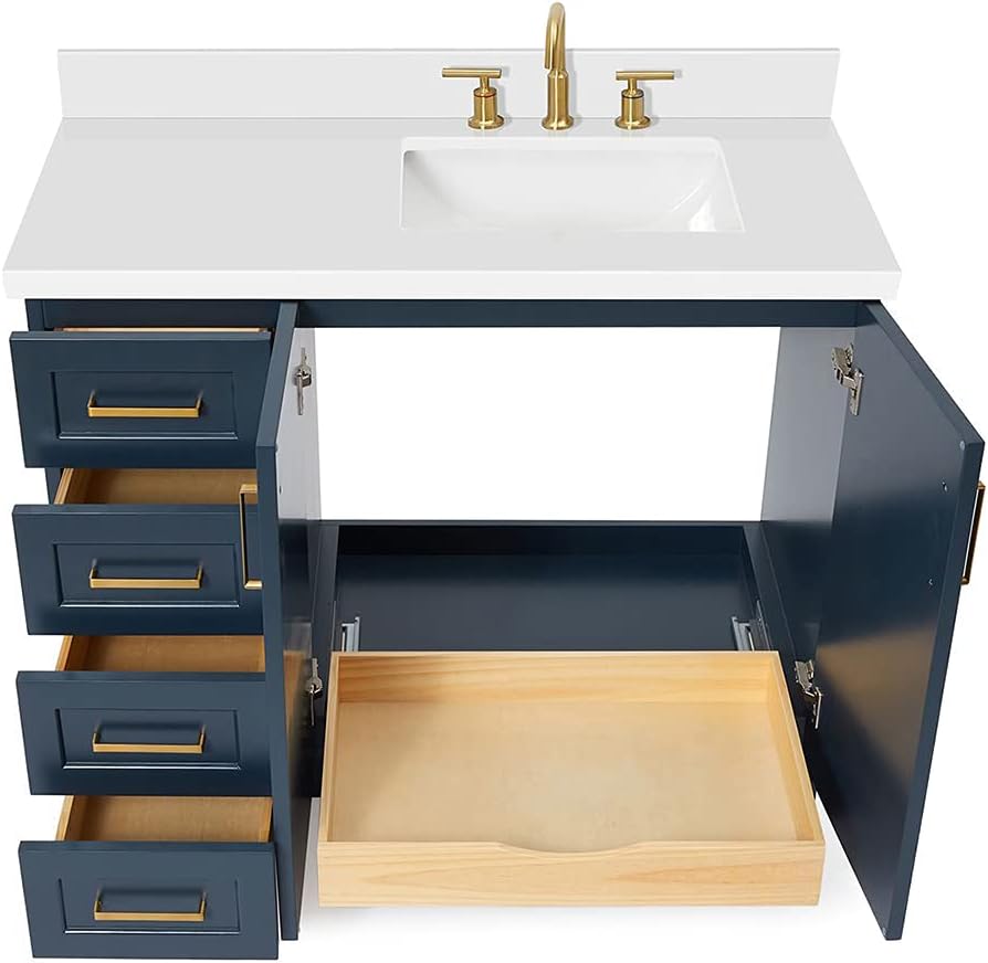 ARIEL Taylor 42-inch Bathroom Vanity with Sink,Solid Wood, 1.5-inch Pure White Quartz Countertop, Single Rectangular Porcelain Sink, 2 Soft Closing Doors, 5 Dovetail Drawers, Midnight Blue