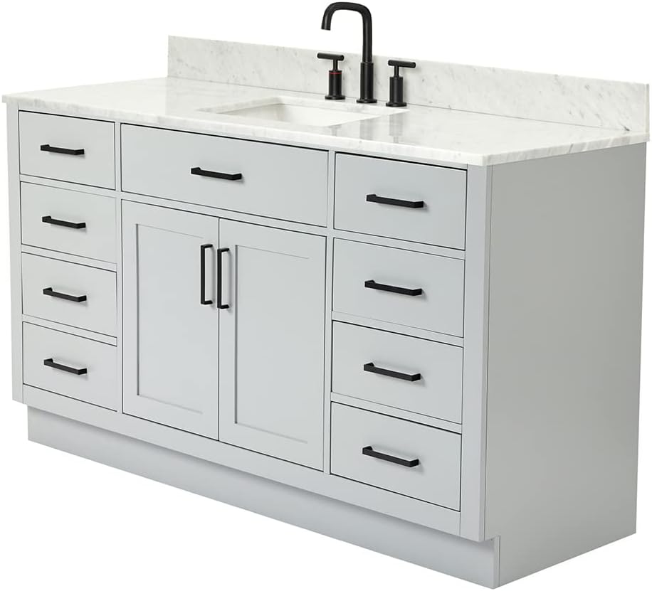 ARIEL Hepburn 60-inch Bathroom Vanity with Sink,Solid Wood, 0.75-inch Italian Carrara Marble Countertop, Single Rectangular Porcelain Sink, 2 Soft Closing Doors, 9 Dovetail Drawers, Grey