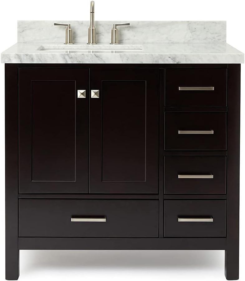 ARIEL Cambridge 36-inch Bathroom Vanity with Sink,Solid Wood, 1.5-inch Italian Carrara Marble Countertop, Single Rectangular Porcelain Sink, 2 Soft Closing Doors, 5 Dovetail Drawers, Espresso