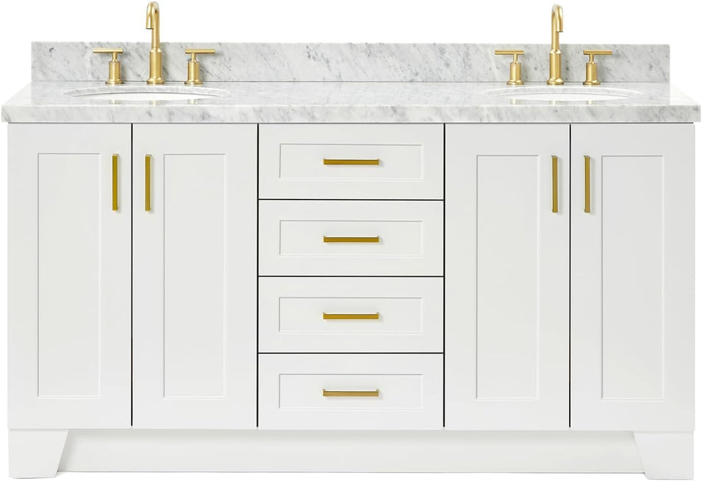 ARIEL Taylor 66-inch Bathroom Vanity with Sink,Solid Wood, 1.5-inch Italian Carrara Marble Countertop & Backsplash, Double Oval Porcelain Sink, 4 Soft Closing Doors, 5 Dovetail Drawers, White