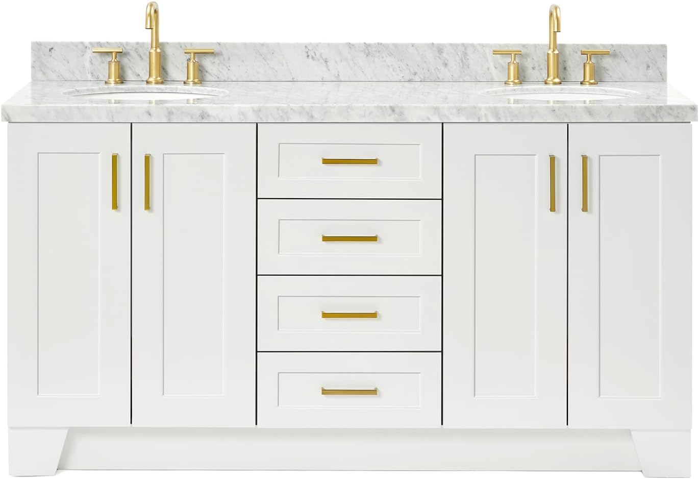 ARIEL Taylor 66-inch Bathroom Vanity with Sink,Solid Wood, 1.5-inch Italian Carrara Marble Countertop & Backsplash, Double Oval Porcelain Sink, 4 Soft Closing Doors, 5 Dovetail Drawers, White