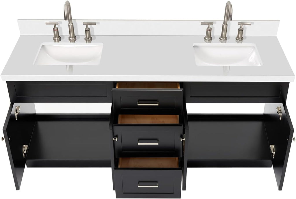 DKB Bradford 72 Inch Bathroom Vanity Double Sink — Black Bathroom Vanity with Sink, 1.5' Edge Pure White Quartz Countertop & Backsplash, 4 Soft-Close Doors, and 3 Dovetail Drawers