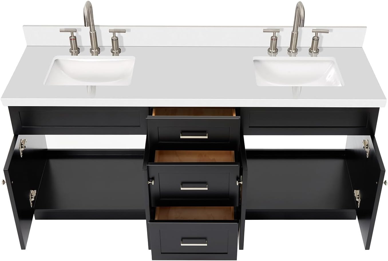 DKB Bradford 72 Inch Bathroom Vanity Double Sink — Black Bathroom Vanity with Sink, 1.5' Edge Pure White Quartz Countertop & Backsplash, 4 Soft-Close Doors, and 3 Dovetail Drawers