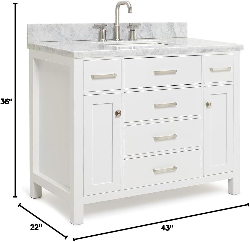 ARIEL 48' White Bathroom Vanity with Sink, 1.5' Edge Italian Carrara Marble Countertop, Rectangular Undermount Sink, 2 Soft Closing Doors, 5 Dovetail Drawers