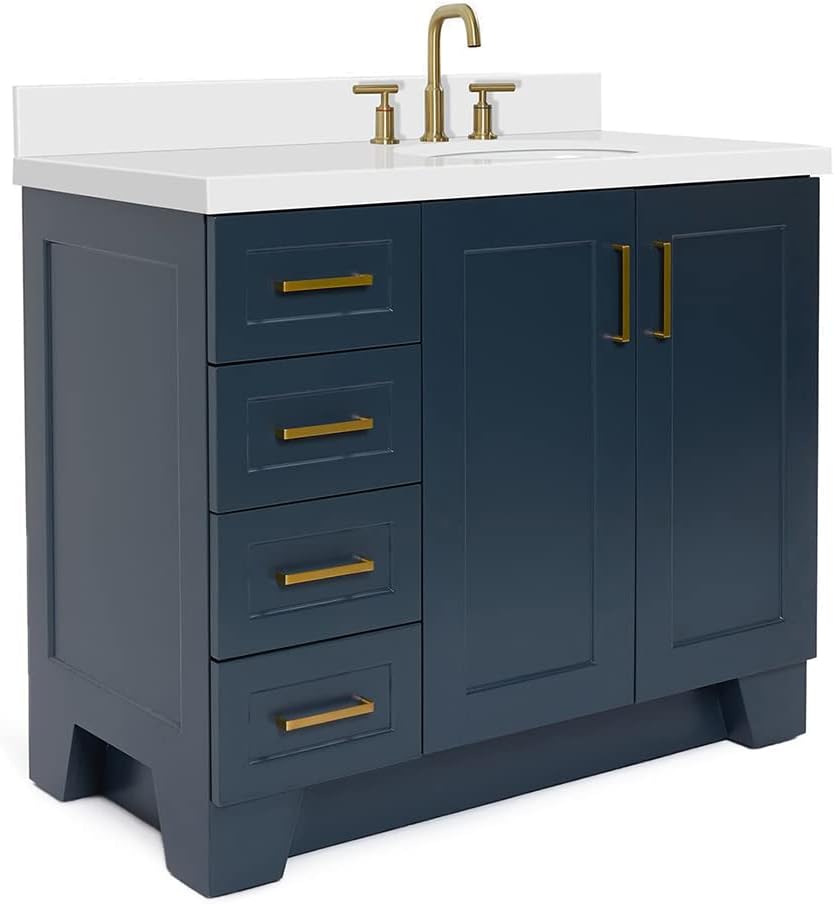 ARIEL Taylor 42-inch Bathroom Vanity with Sink,Solid Wood, 1.5-inch Pure White Quartz Countertop & Backsplash, Single Oval Porcelain Sink, 2 Soft Closing Doors, 5 Dovetail Drawers, Midnight Blue