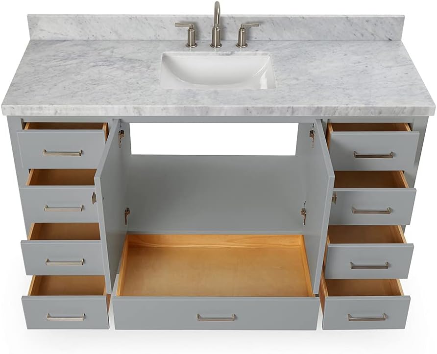 ARIEL Cambridge 60-inch Bathroom Vanity with Sink,Solid Wood, 1.5-inch Italian Carrara Marble Countertop, Single Rectangular Porcelain Sink, 2 Soft Closing Doors, 9 Dovetail Drawers, Grey