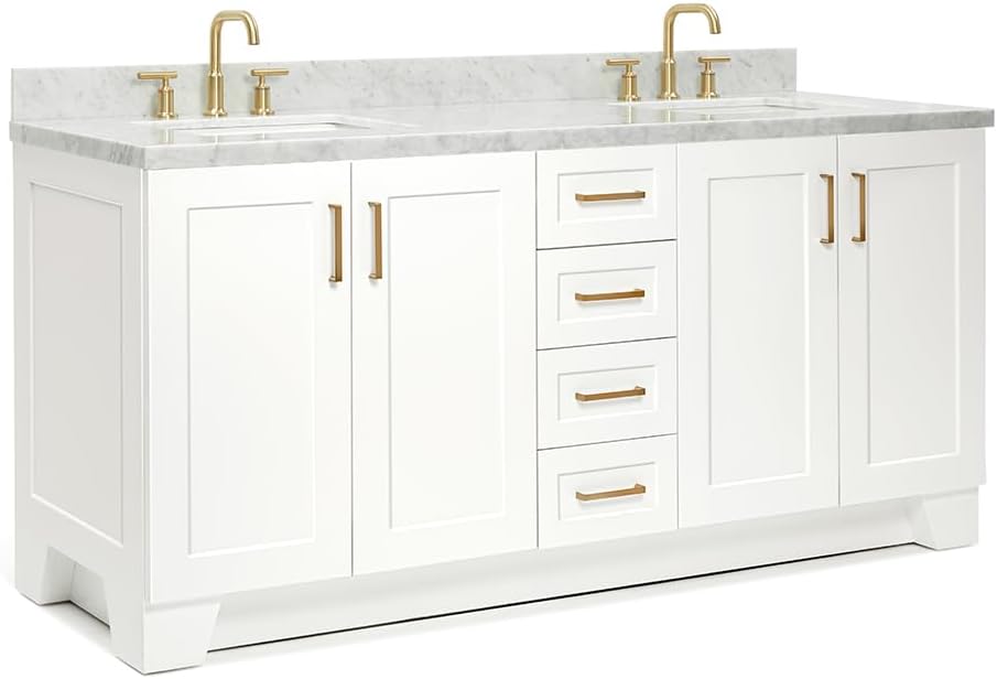 ARIEL Taylor 72-inch Bathroom Vanity with Sink,Solid Wood, 1.5-inch Italian Carrara Marble Countertop, Double Rectangular Porcelain Sink, 4 Soft Closing Doors, 6 Dovetail Drawers, White