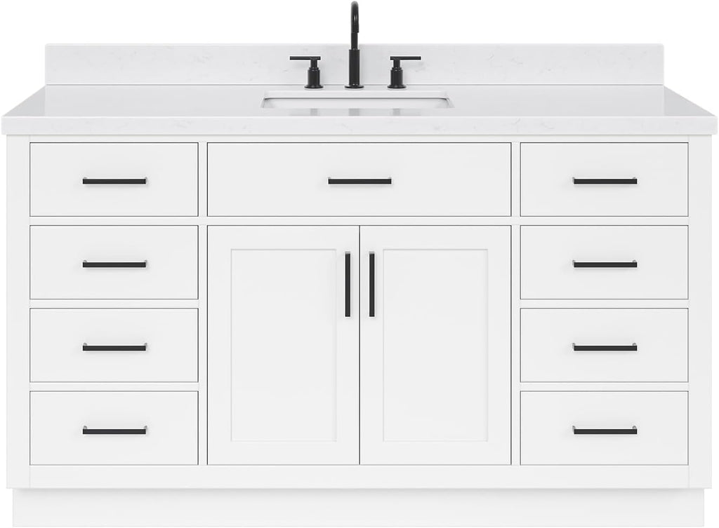 ARIEL Hepburn 48-inch Bathroom Vanity with Sink,Solid Wood, 1.5-inch Carrara White Quartz Countertop & Backsplash, Single Rectangular Porcelain Sink, 2 Soft Closing Doors, 9 Dovetail Drawers, White