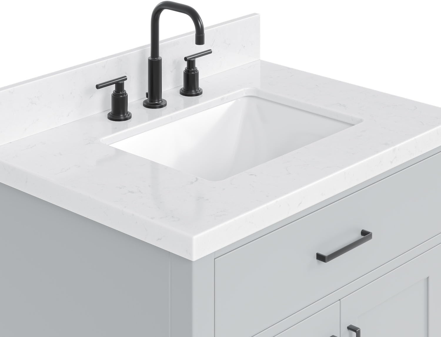 ARIEL Hepburn 30-inch Bathroom Vanity with Sink,Solid Wood, 1.5-inch Carrara White Quartz Countertop & Backsplash, Single Rectangular Porcelain Sink, 2 Soft Closing Doors, 1 Dovetail Drawers, Grey