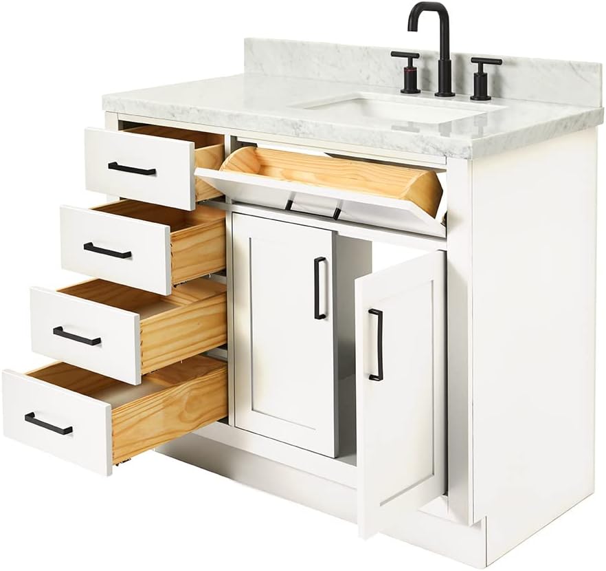 ARIEL 54' White Single Bathroom Vanity with Sink, 1.5' Italian Carrara Marble Countertop, Rectangular Undermount Sink, 2 Soft Closing Doors, 8 Dovetail Drawers, 1 Tilt Drawer