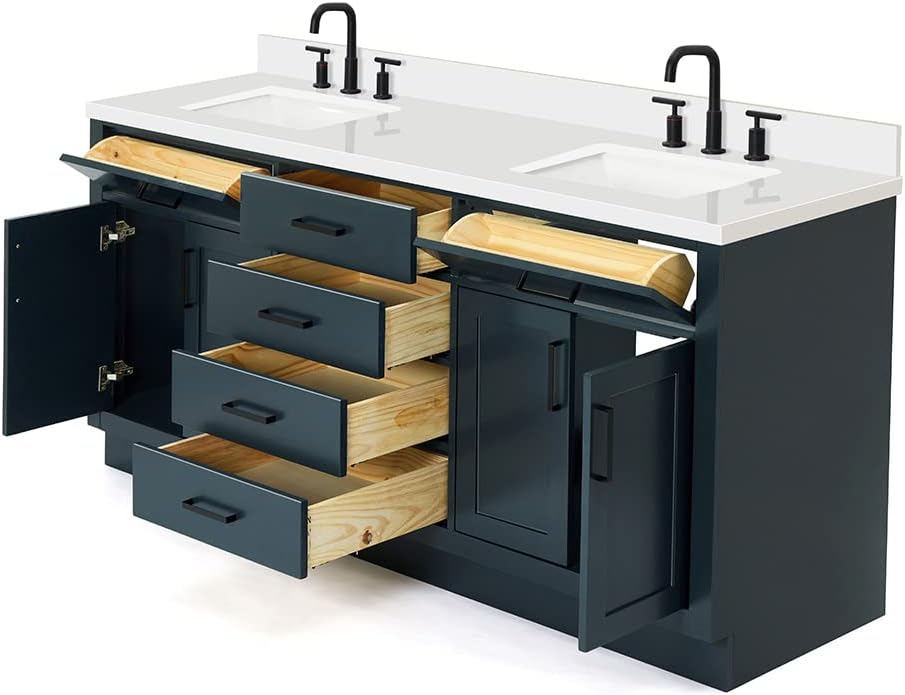 DKB Isabella 72 Inch Bathroom Vanity Double Sink — Midnight Blue Bathroom Vanity with Sink, 1.5' Edge Pure White Quartz Countertop, 4 Soft-Close Doors, 4 Dovetail Drawers, and 2 Tilt Drawers