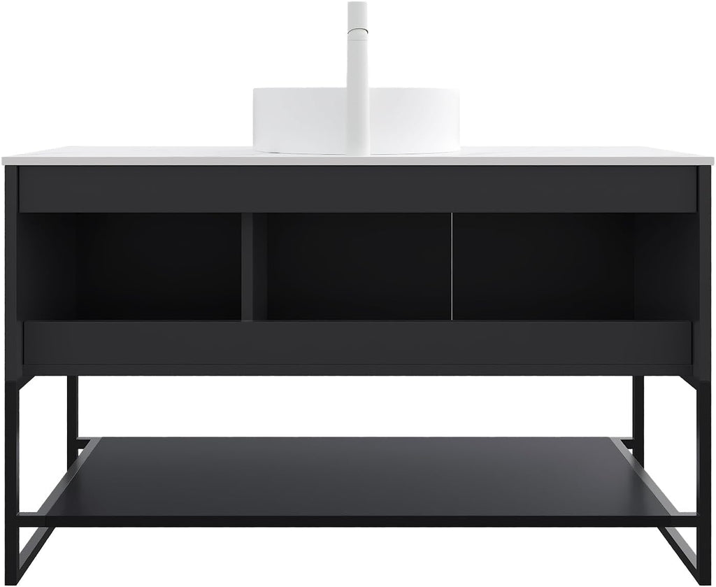48' Black Bathroom Vanity with Round Ceramic Basin & Marble Top, Freestanding Bathroom Storage Cabinet with 3 Doors and Open Shelf, Modern Single Sink Bathroom Vanities with Soft Close System