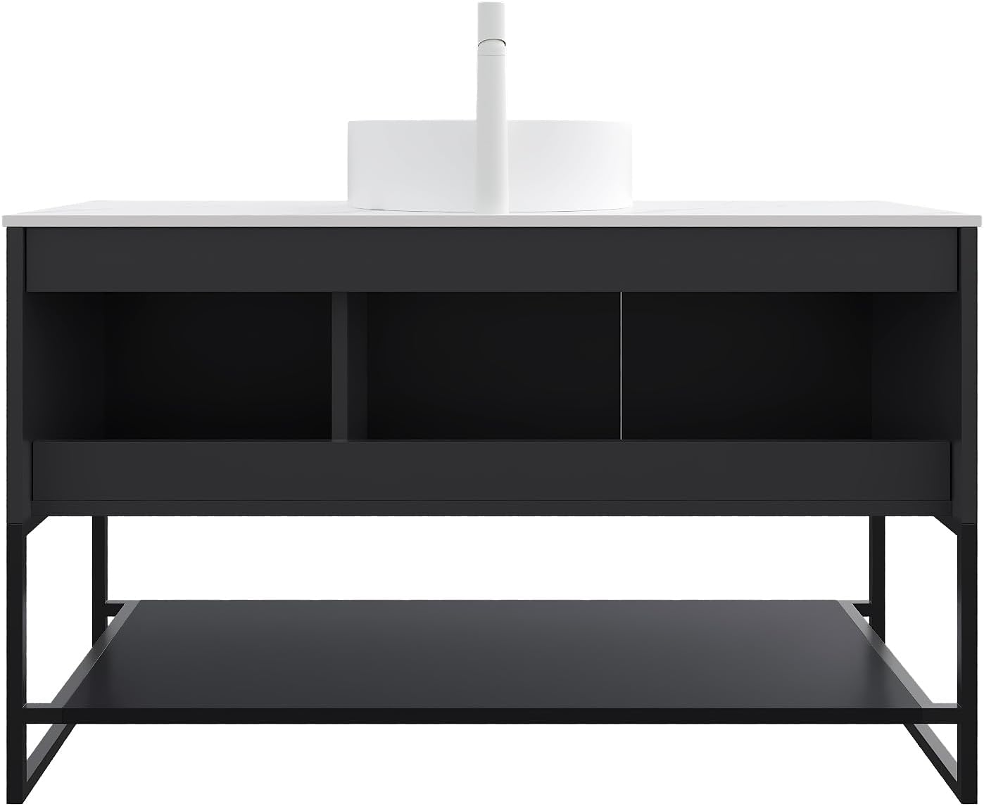 48' Black Bathroom Vanity with Round Ceramic Basin & Marble Top, Freestanding Bathroom Storage Cabinet with 3 Doors and Open Shelf, Modern Single Sink Bathroom Vanities with Soft Close System