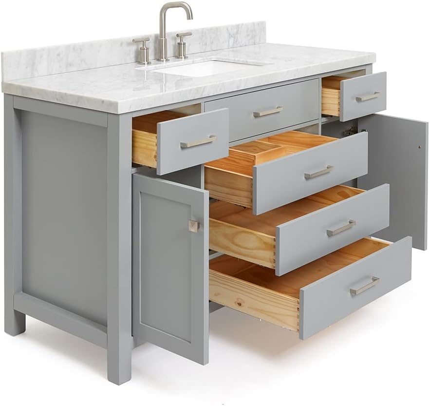 ARIEL 60-Inch White Bathroom Vanity with Sink, 1.5-Inch Italian Carrara Marble Countertop & Backsplash, Rectangular Ceramic Sink, 2 Soft Closing Doors, 5 Dovetail Drawers, Polished Chrome