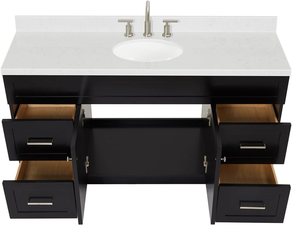 ARIEL Hamlet 60-inch Bathroom Vanity with Sink,Solid Wood, 1.5-inch Carrara White Quartz Countertop & Backsplash, Single Oval Porcelain Sink, 2 Soft Closing Doors, 4 Dovetail Drawers, Black