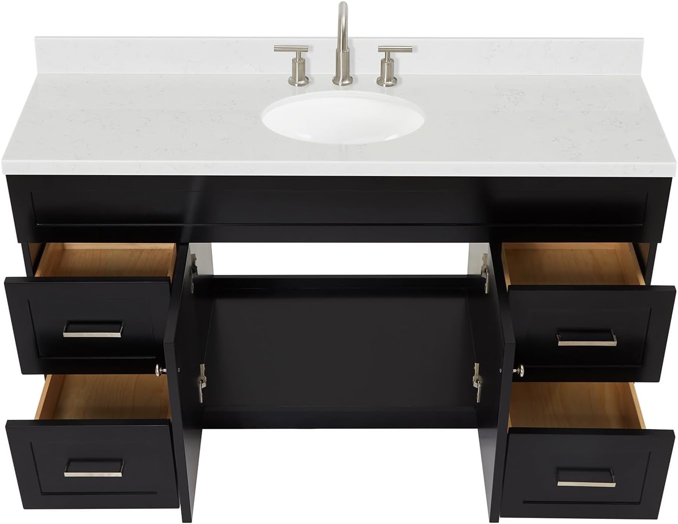 ARIEL Hamlet 60-inch Bathroom Vanity with Sink,Solid Wood, 1.5-inch Carrara White Quartz Countertop & Backsplash, Single Oval Porcelain Sink, 2 Soft Closing Doors, 4 Dovetail Drawers, Black