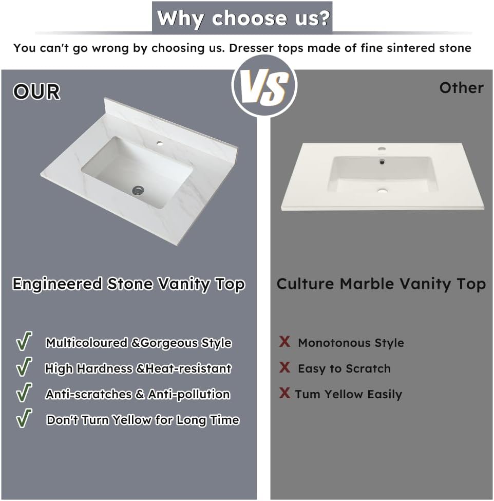 31''W x 22''D Vanity Top, Marble Quartz Bathroom Sink Vanity Top, Sintered Stone Bathroom Vanity with Undermount Ceramic Sink, Bathroom Vanity Sink Countertop, 1 Faucet Hole, White Grey Carra