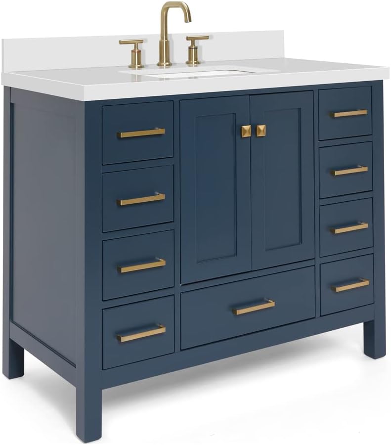 ARIEL Cambridge 42-inch Bathroom Vanity with Sink,Solid Wood, 1.5-inch Pure White Quartz Countertop, Single Rectangular Porcelain Sink, 2 Soft Closing Doors, 9 Dovetail Drawers, Midnight Blue