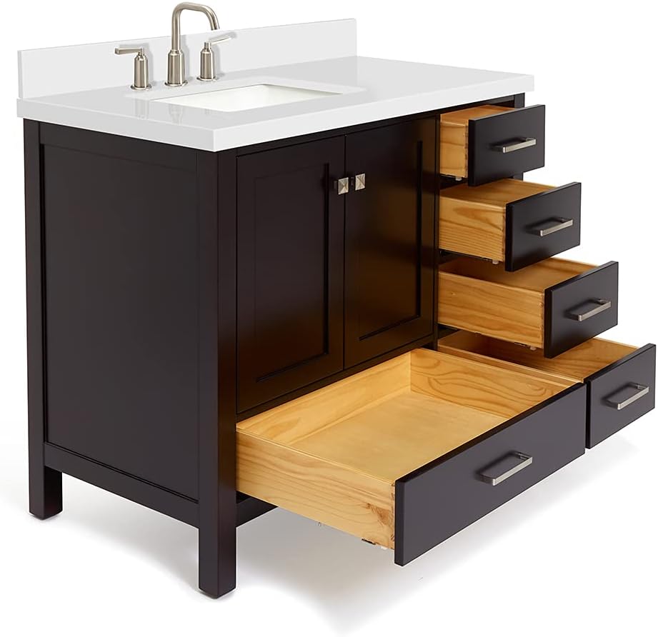 DKB Beckford 42-Inch Espresso Bathroom Vanity with Sink, Solid Wood Frame, Pure White Quartz Countertop 1.5' Edge, Left Rectangular Undermount Sink, 2 Soft Closing Doors, 5 Full Extension Drawers