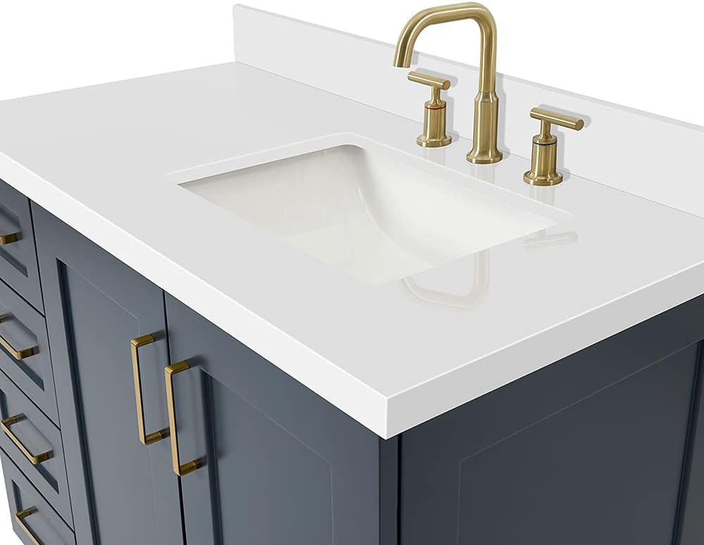 ARIEL Taylor 42-inch Bathroom Vanity with Sink,Solid Wood, 1.5-inch Pure White Quartz Countertop, Single Rectangular Porcelain Sink, 2 Soft Closing Doors, 5 Dovetail Drawers, Midnight Blue