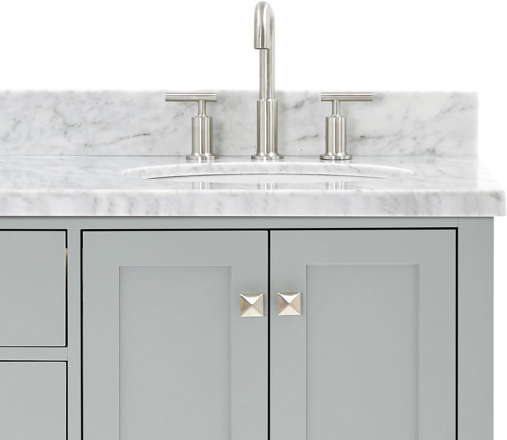 ARIEL Cambridge 66-inch Bathroom Vanity with Sink,Solid Wood, 1.5-inch Italian Carrara Marble Countertop & Backsplash, Double Oval Porcelain Sink, 4 Soft Closing Doors, 6 Dovetail Drawers, Grey