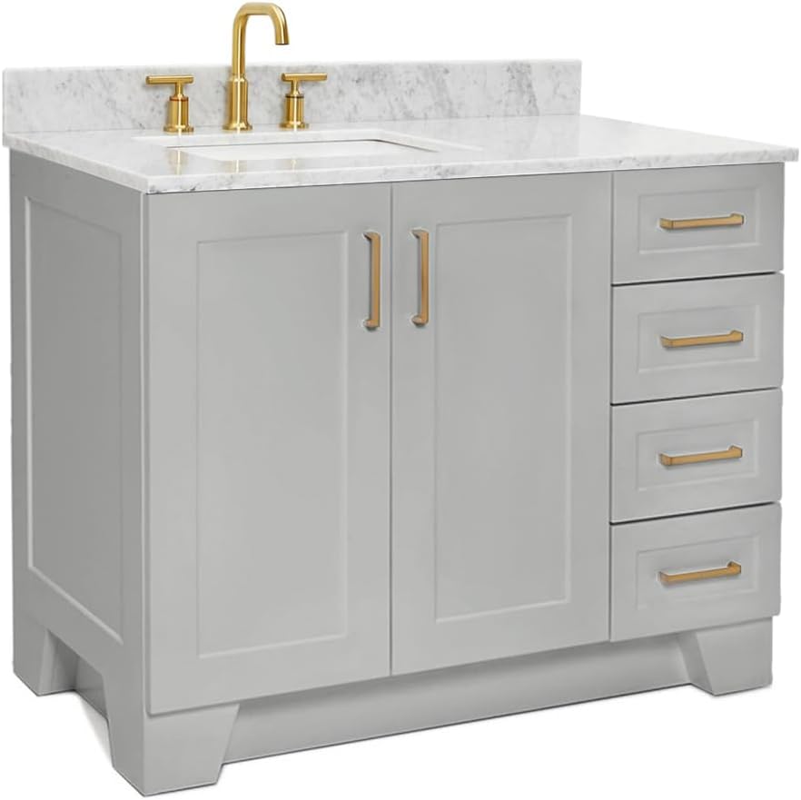 ARIEL Taylor 42-inch Bathroom Vanity with Sink,Solid Wood, 0.75-inch Italian Carrara Marble Countertop, Single Rectangular Porcelain Sink, 2 Soft Closing Doors, 5 Dovetail Drawers, Grey