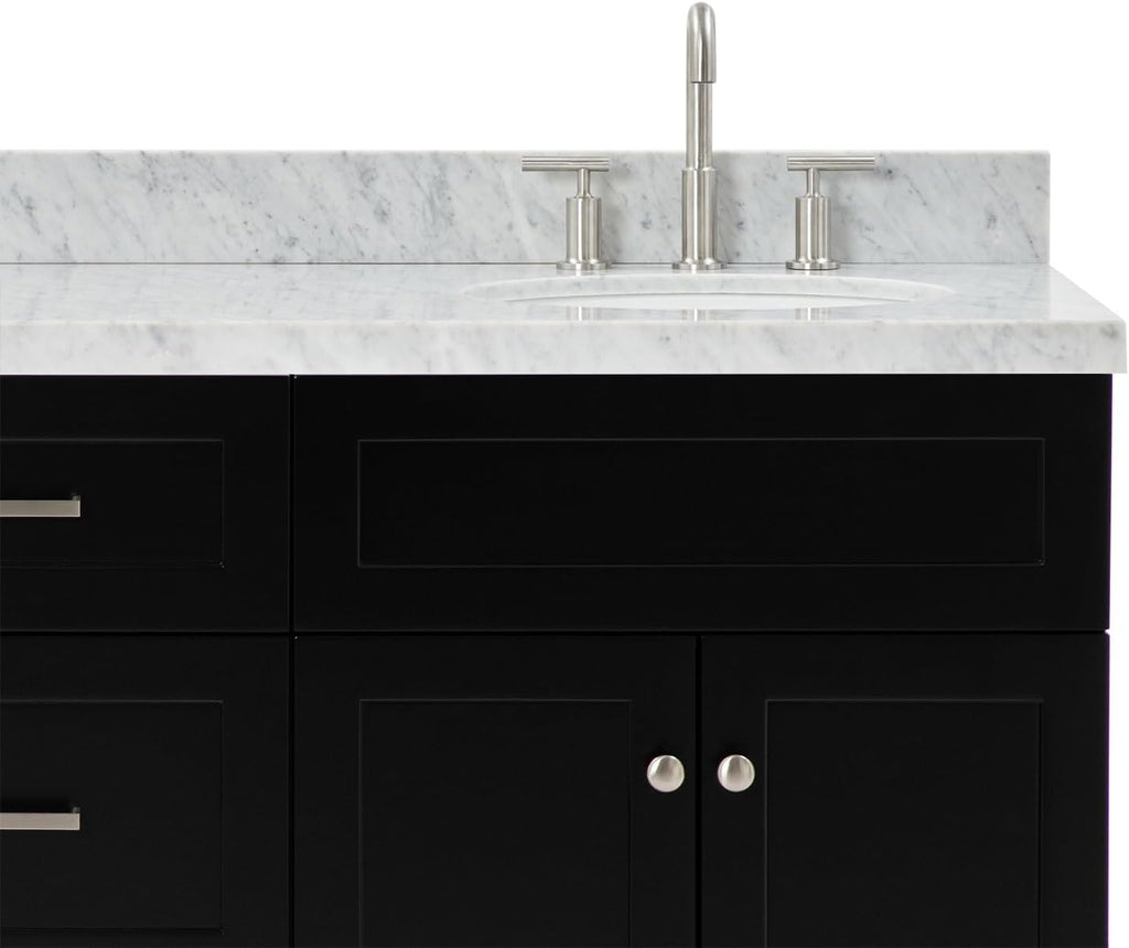 ARIEL Hamlet 66-inch Bathroom Vanity with Sink,Solid Wood, 1.5-inch Italian Carrara Marble Countertop & Backsplash, Double Oval Porcelain Sink, 4 Soft Closing Doors, 3 Dovetail Drawers, Black