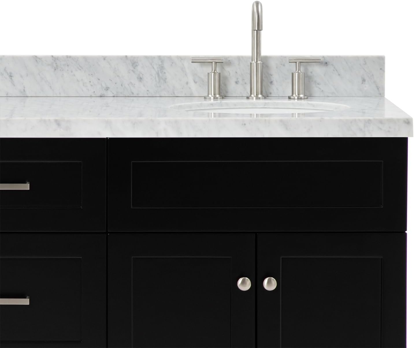 DKB Bradford 66' Black Double Bathroom Vanity, 1.5' Italian Carrara Marble Countertop, Double Oval Undermount Sinks, 2 Soft Closing Doors, 3 Dovetail Drawers, Brushed Nickel