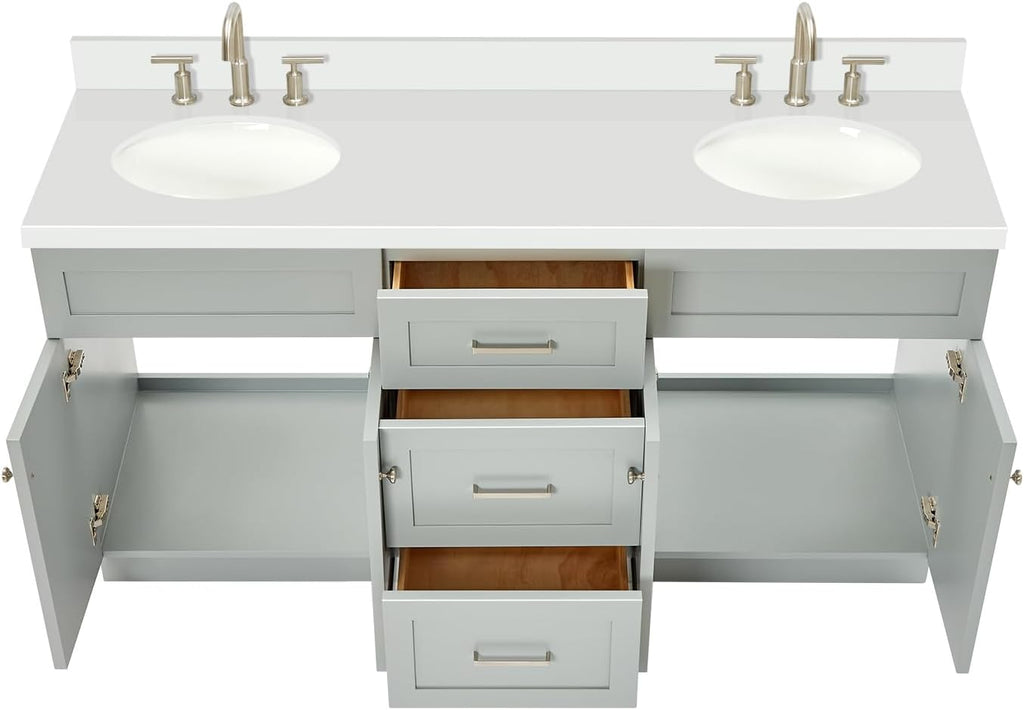 DKB Bradford 66' Grey Double Bathroom Vanity with Sink, Pure White 1.5' Quartz Countertop, Double Oval Sinks, 2 Soft Closing Doors, 3 Full Extension Dovetail Drawers