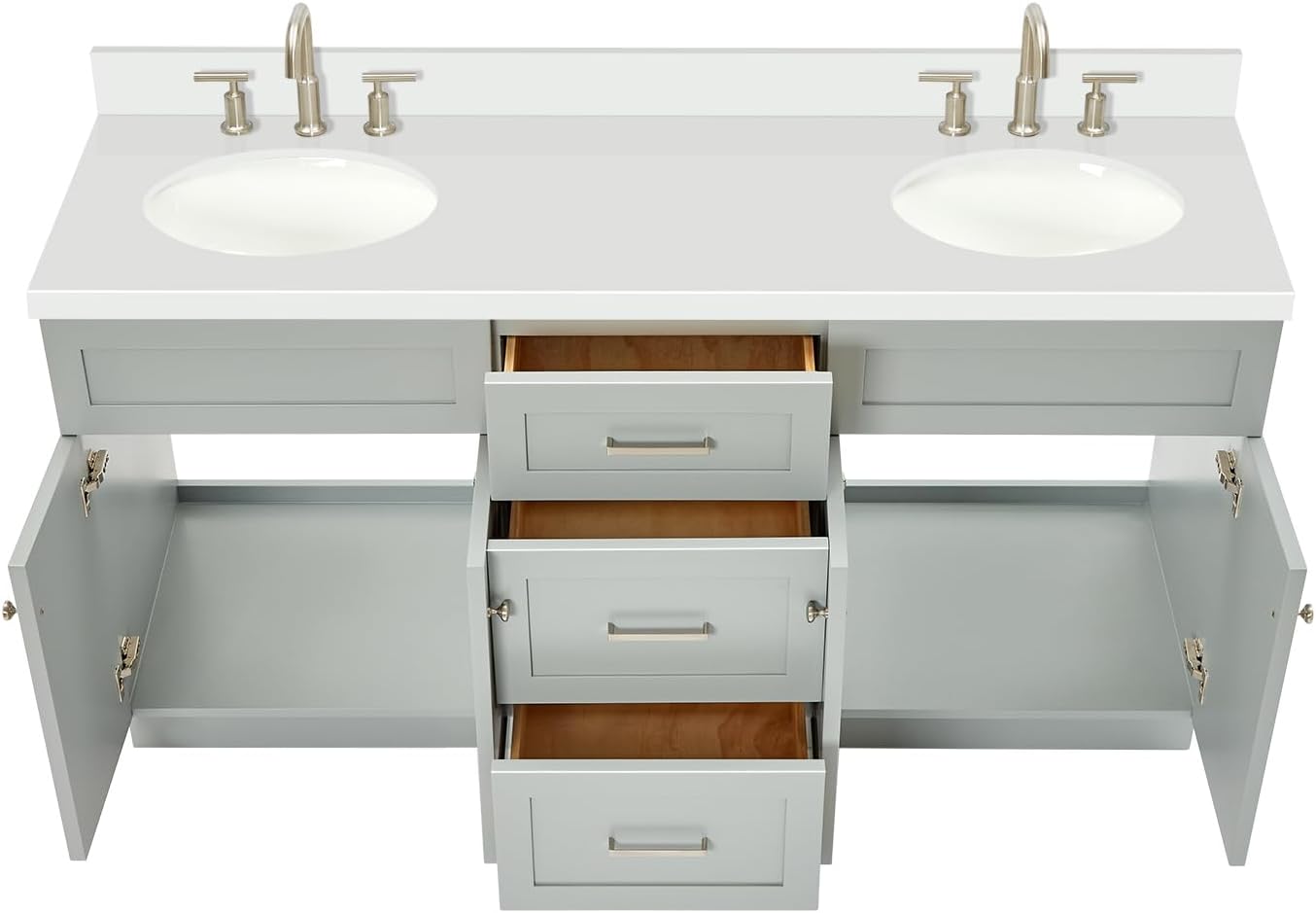 DKB Bradford 66' Grey Double Bathroom Vanity with Sink, Pure White 1.5' Quartz Countertop, Double Oval Sinks, 2 Soft Closing Doors, 3 Full Extension Dovetail Drawers