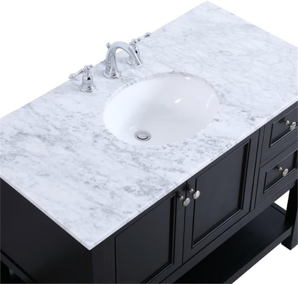 Pemberly Row Contemporary 42' Single Bathroom Vanity, Black Finish, Solid Poplar Wood Base, Carrara White Marble Top, Porcelain Undermount Sink, Soft-Close Drawers, Freestanding Design for Bathroom