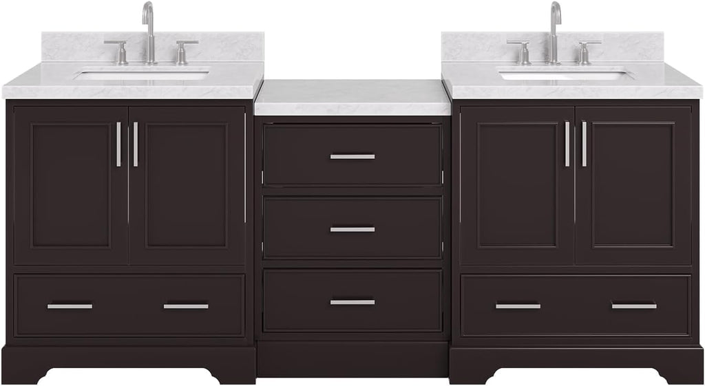 ARIEL Stafford 84-inch Bathroom Vanity with Sink,Solid Wood, 1.5in Italian Carrara Marble Countertop, Double Rectangular Porcelain Sink, 4 Soft Closing Doors, 5 Dovetail Drawers, Espresso