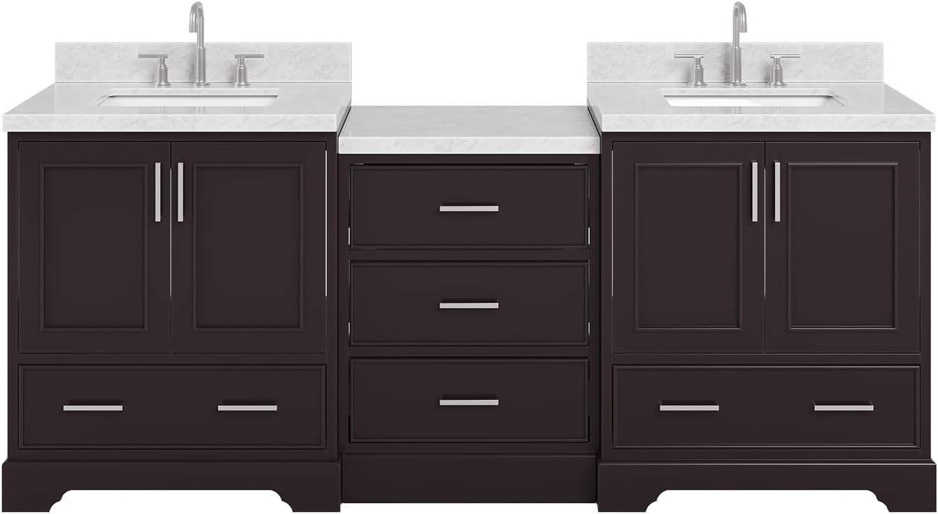 ARIEL Stafford 84-inch Bathroom Vanity with Sink,Solid Wood, 1.5in Italian Carrara Marble Countertop, Double Rectangular Porcelain Sink, 4 Soft Closing Doors, 5 Dovetail Drawers, Espresso